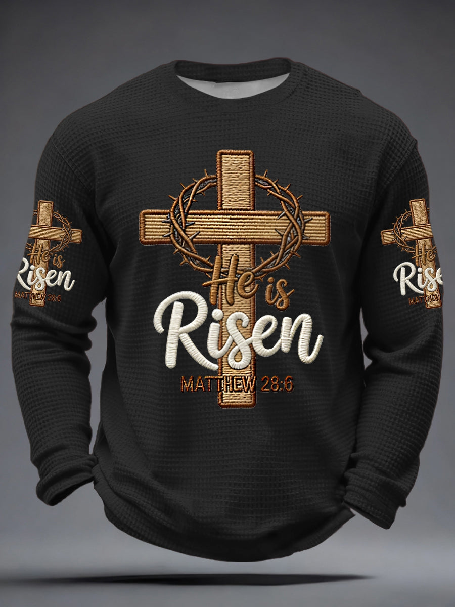 Men he is riser matthew 28:6 waffle long sleeve tshirt