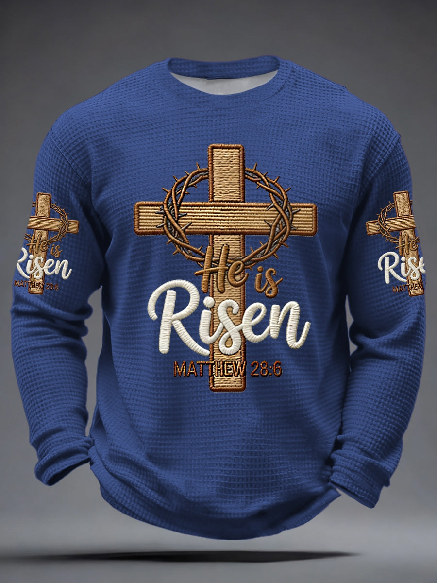 Men he is riser matthew 28:6 waffle long sleeve tshirt
