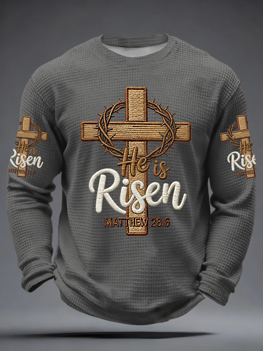 Men he is riser matthew 28:6 waffle long sleeve tshirt