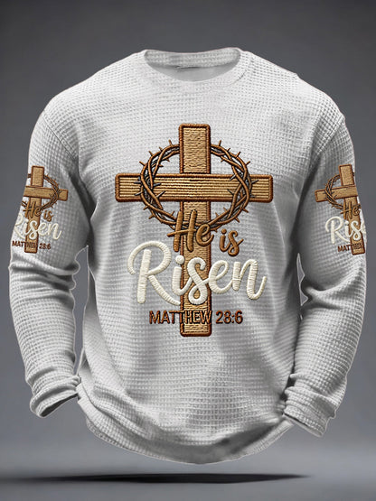 Men he is riser matthew 28:6 waffle long sleeve tshirt