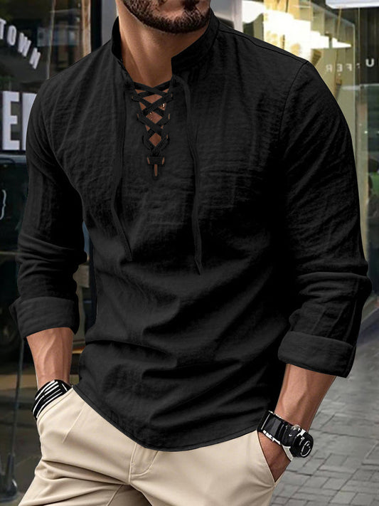 Pánské vintage dlouhé rukávy v krku plátno topy