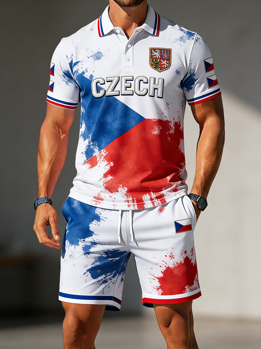 Pánské retro abstraktní czech casual polo shorts set