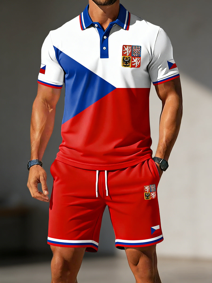 Pánské retro czech geometric patchwork casual polo shorts set