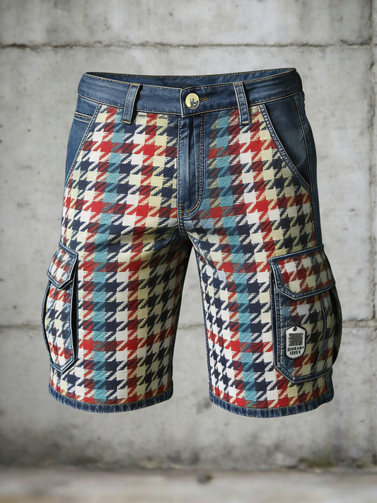 Pánské retro dovolená business houndstooth art print casual shorts