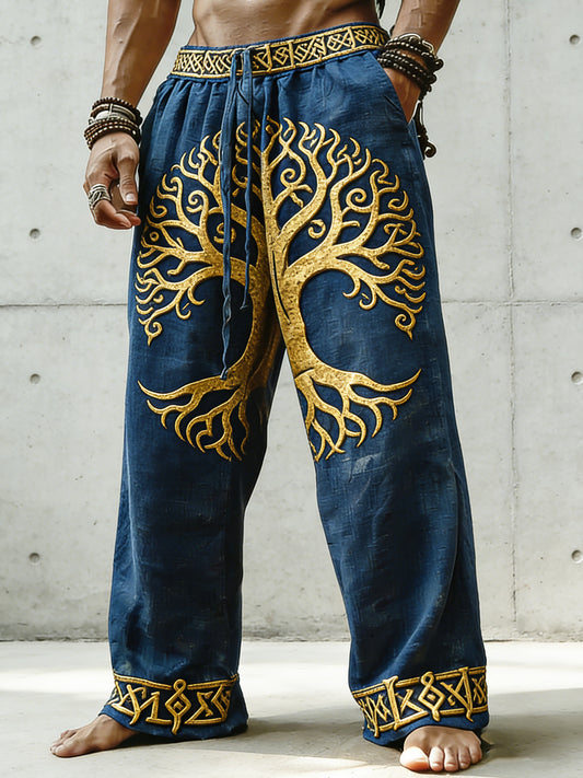 Pánské viking art vytištěné bavlněné a konopné kalhoty