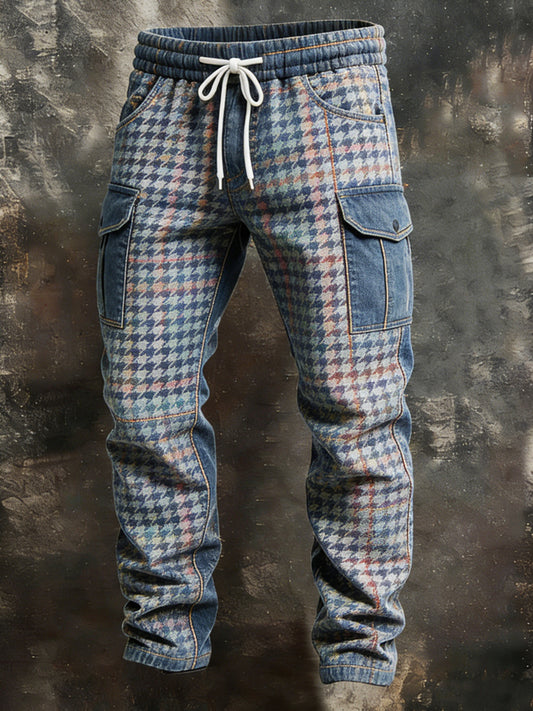 Pánské retro dovolená podnikání houndstooth art print neformální pracovní kalhoty