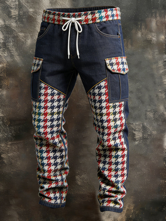 Pánské retro dovolená podnikání houndstooth art print neformální pracovní kalhoty