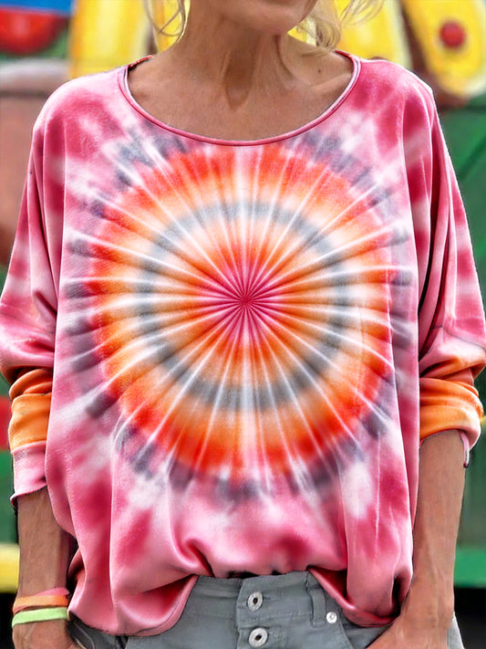 Dámské růžové květinové kravatabarvivo tisk casual s dlouhými rukávy tshirt