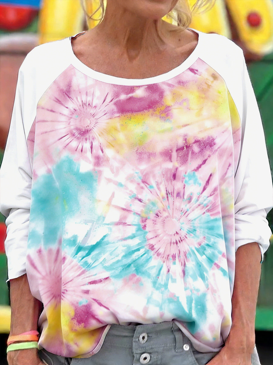 Dámské patchwork floral tiebarvivo print casual tshirt s dlouhými rukávy