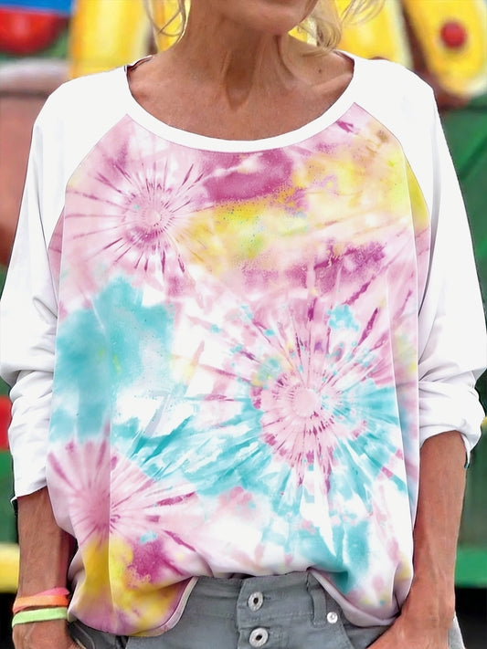 Dámské patchwork floral tiebarvivo print casual tshirt s dlouhými rukávy