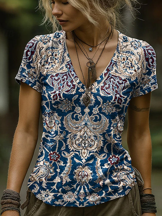 Západní květiny tištěné vintage fashion volné krátké rukávy tshirt