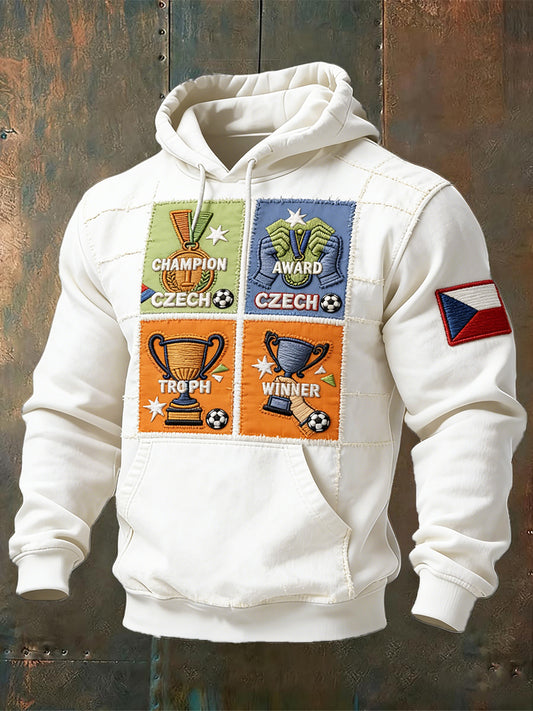 Pánské czech football patchwork print vintage white hooded sweatshirt