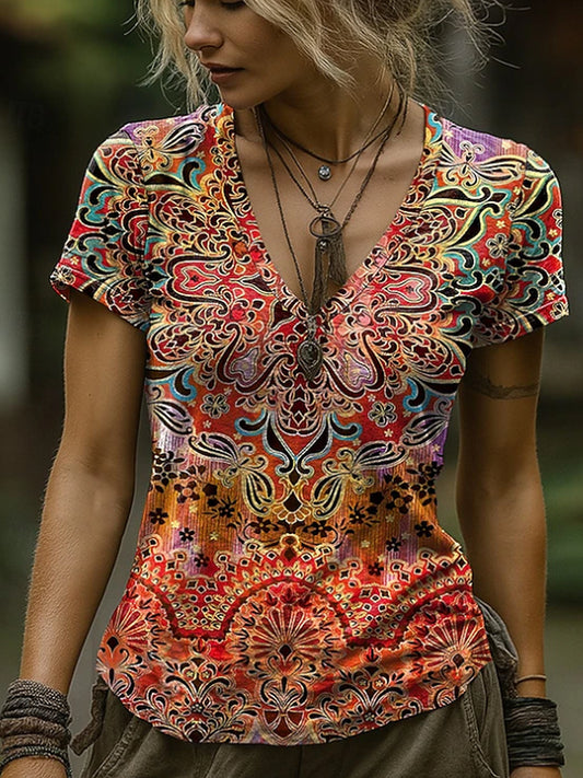 Západní květiny tištěné vintage fashion volné krátké rukávy tshirt