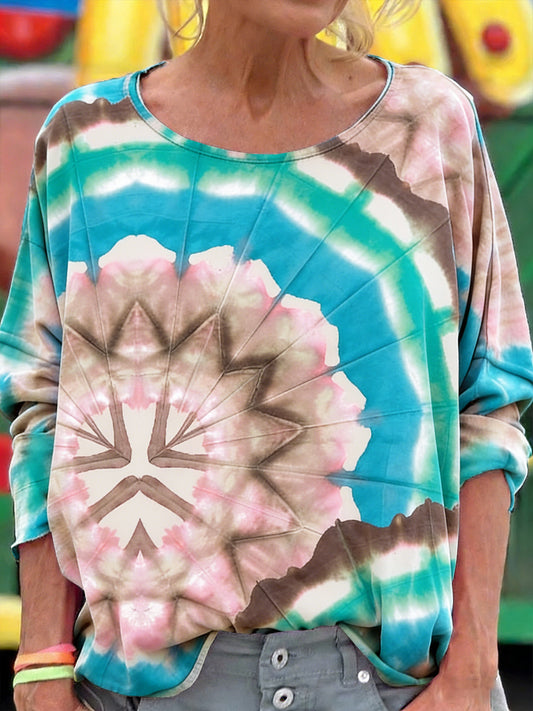 Dámské zelené květinové kravatybarvivo tisk neformální móda tshirt s dlouhým rukávem