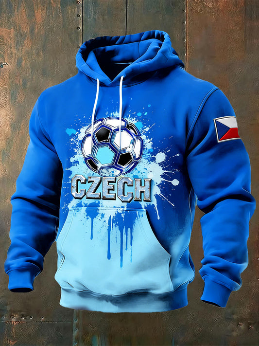 Pánské czech football print blue hooded sweatshirt