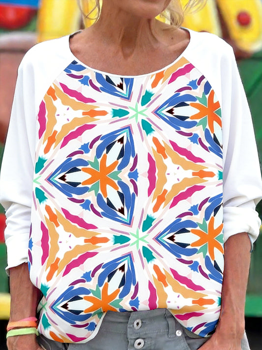 Dámské barevné kaleidoskop patchwork tisk příležitostné módy s dlouhými rukávy tshirt