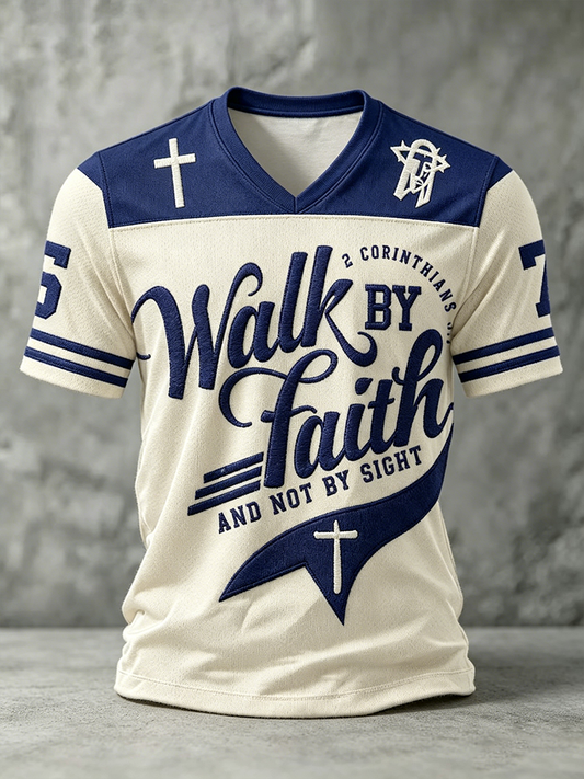 Mens walk by faith vneck tshirt
