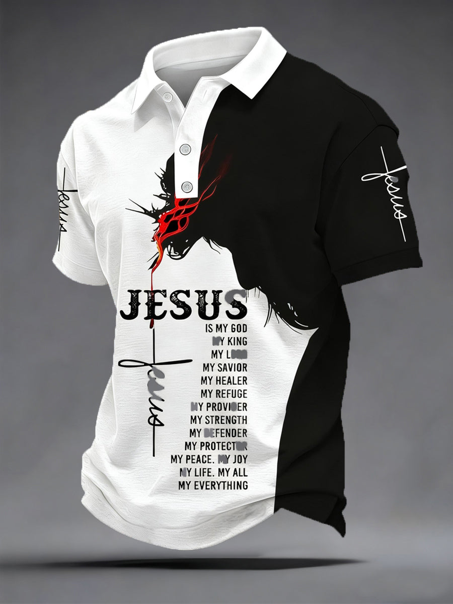 Mens jesus print colorblock print casual polo