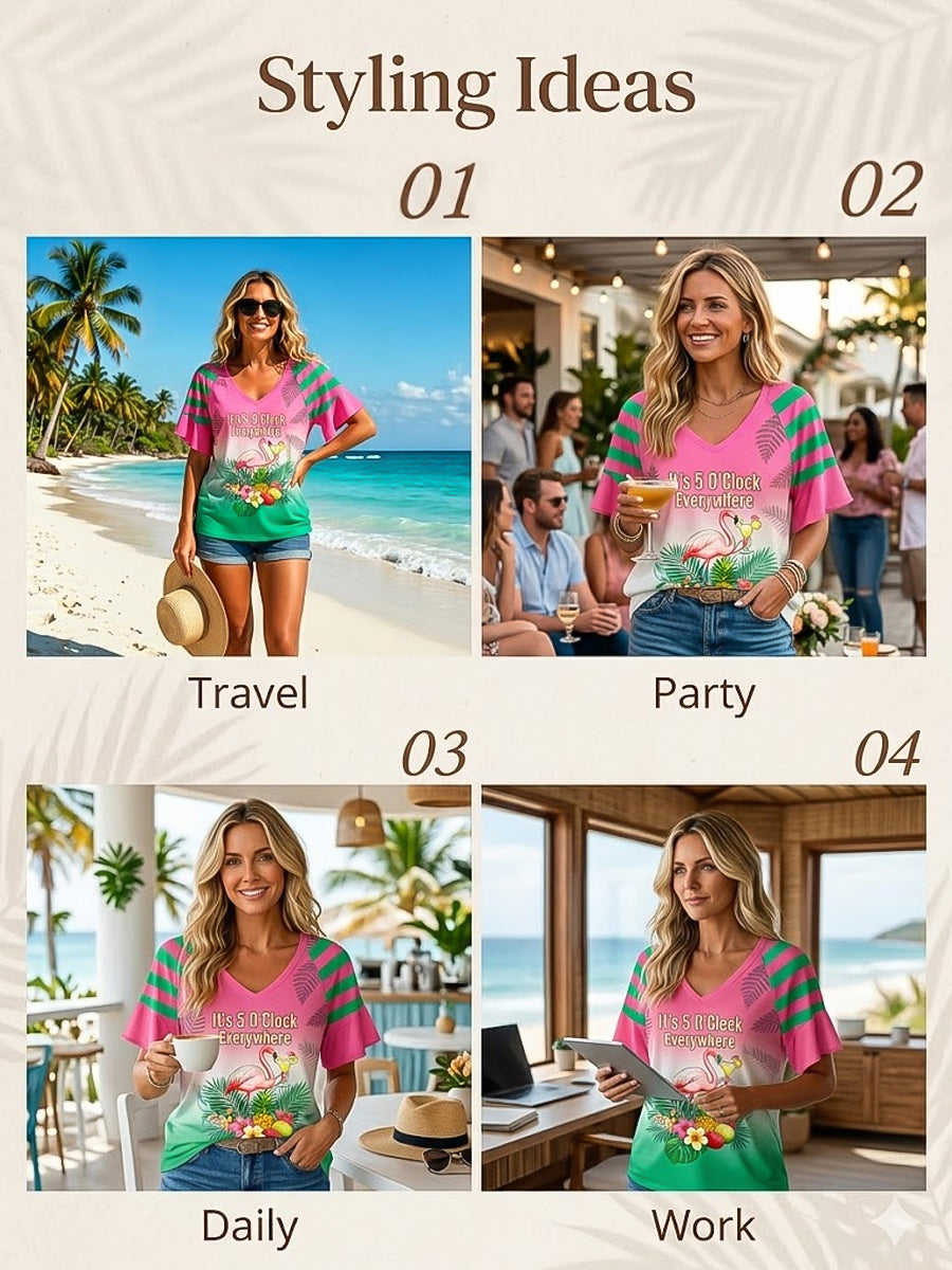 "Its 5 oclock everywhere" hawaiian gradient vneck tshirt