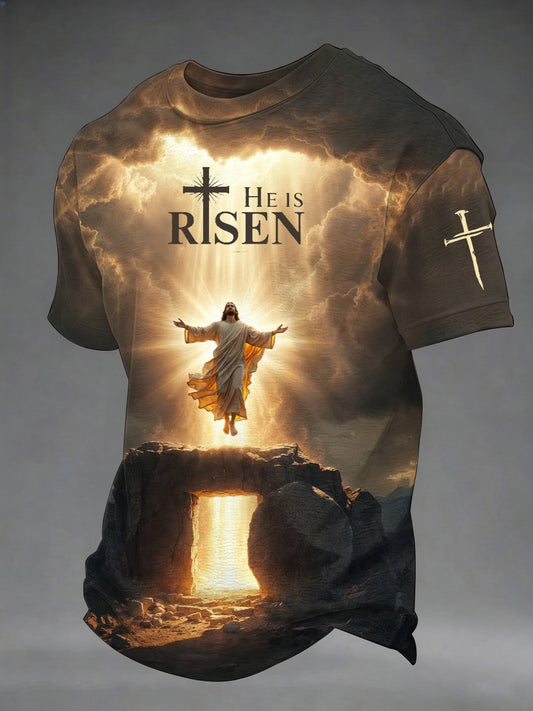 Mens on je vzkříšen velikonoční ježíš křesťanský kříž print casual tee