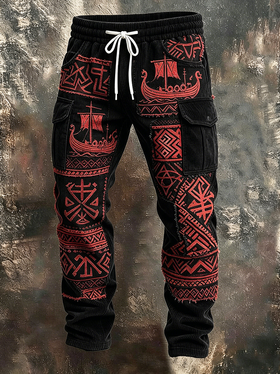 Pánské retro dovolená business viking art print neformální pracovní kalhoty