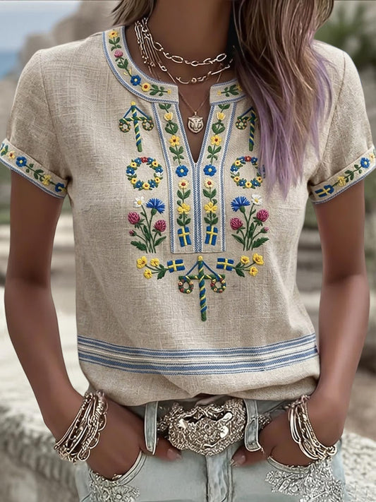 Dámské retro umění švédské letní květiny vneck tshirt