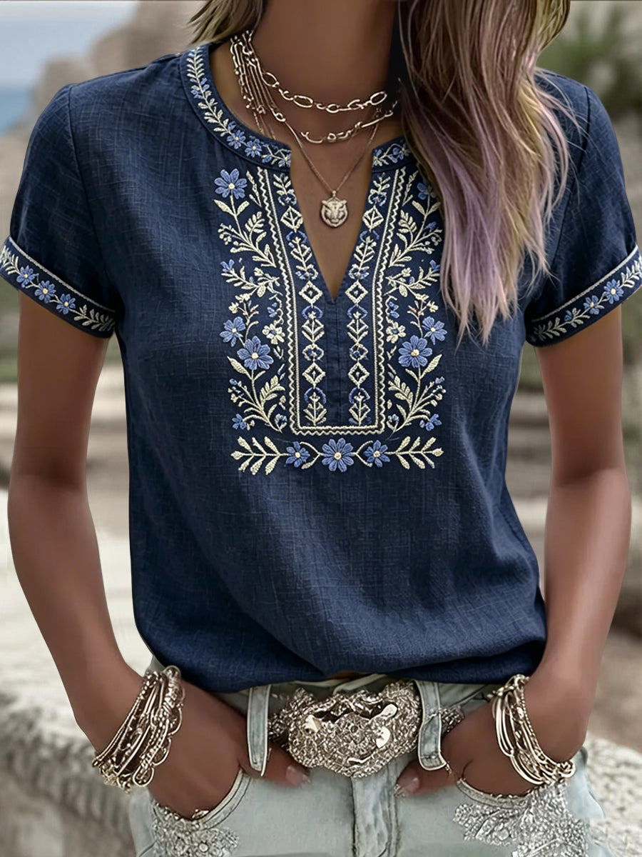 Dámské retro švédské letní etnické květinové umění vneck tshirt