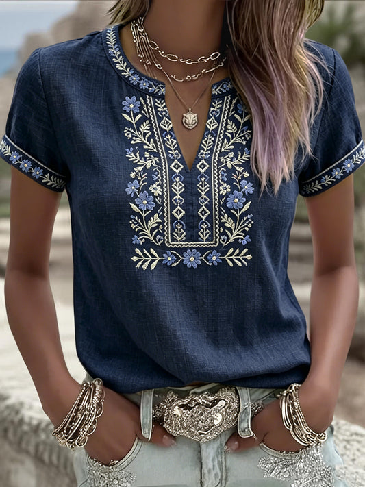 Dámské retro švédské letní etnické květinové umění vneck tshirt