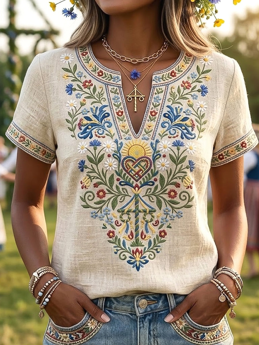 Dámské retro švédské léto květinové umění vneck tshirt