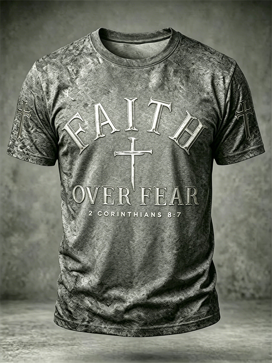 Mens christian faith over fear cross print tshirt s krátkými rukávy