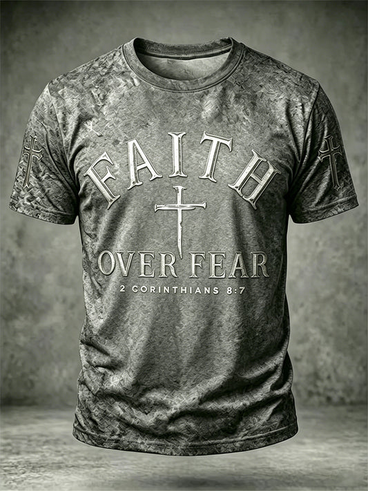 Mens christian faith over fear cross print tshirt s krátkými rukávy