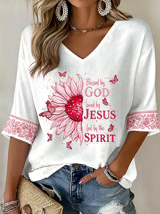 Ženy požehnané bohem milovaný ježíšem led by the spirit wffle print casual tshirt