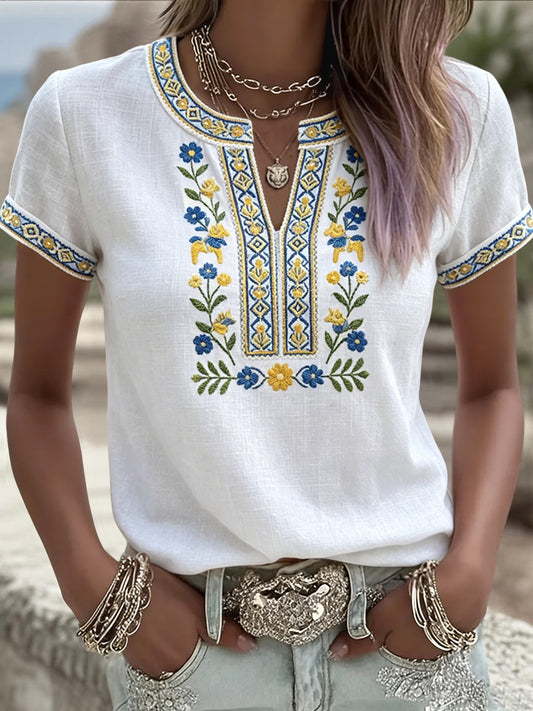Dámské retro švédské léto květinové tshirt v krku