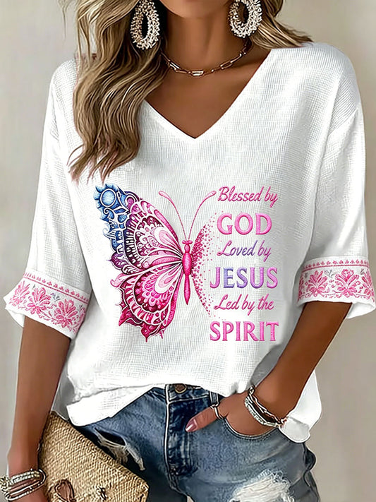 Ženy požehnané bohem milovaný ježíšem led by the spirit wffle print casual tshirt