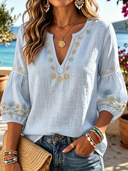 Dámské havajské styl umělecké shell tisk neformální vneck top