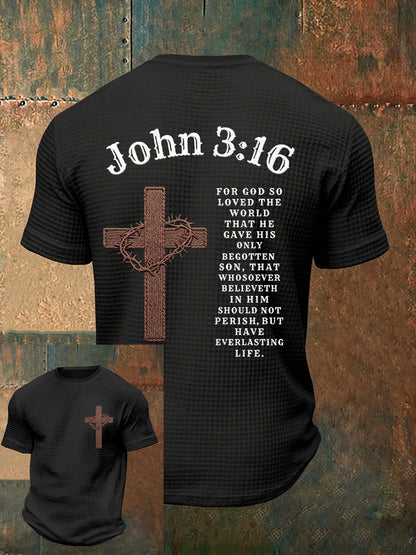 Mens christian jesus saved me john 3:16 cross print waffle short sleeve tshirt