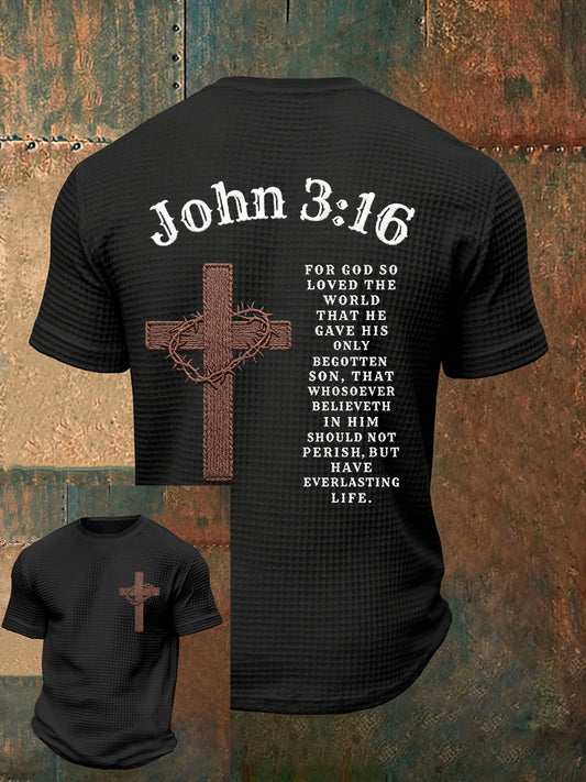 Mens christian jesus saved me john 3:16 cross print waffle short sleeve tshirt