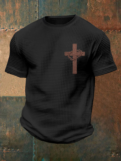 Mens christian jesus saved me john 3:16 cross print waffle short sleeve tshirt