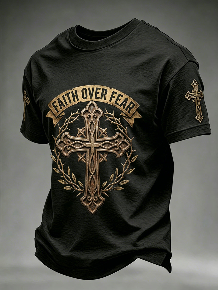 Mens christian faith over fear cross print tshirt s krátkými rukávy