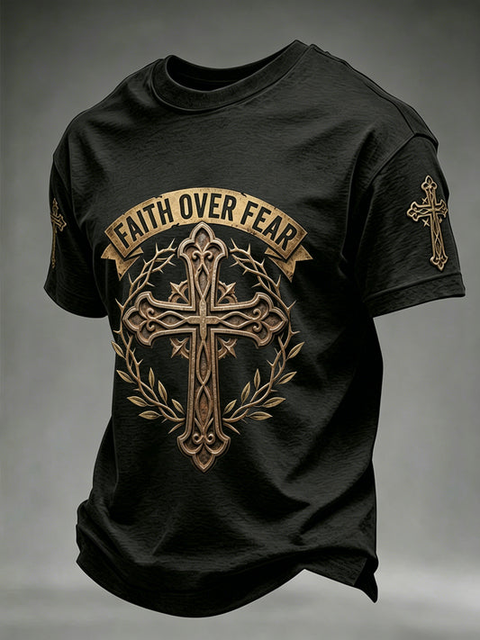 Mens christian faith over fear cross print tshirt s krátkými rukávy