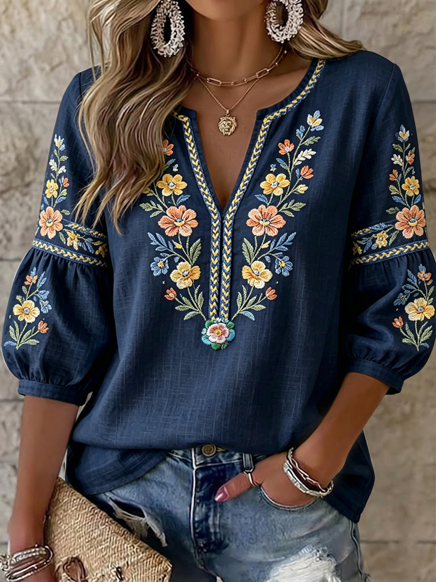 Ženské vintage švédské midsummer etnické květinové umění vneck top