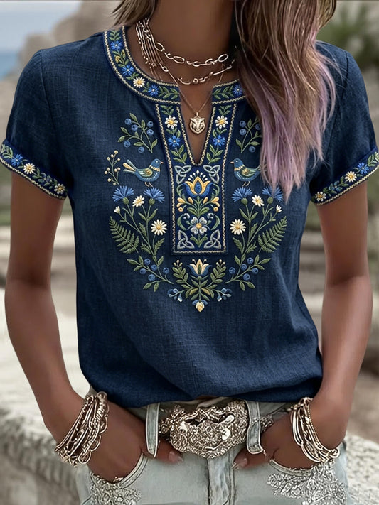 Dámské retro umění švédské letní etnické květinové tshirt v krku