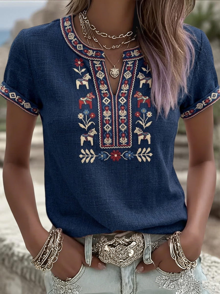 Dámské retro švédské midsummer floral patchwork casual tshirt