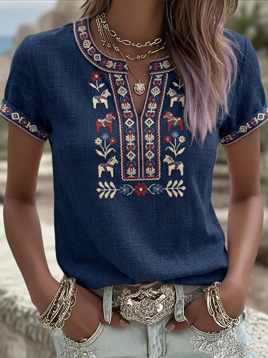 Dámské retro švédské midsummer floral patchwork casual tshirt