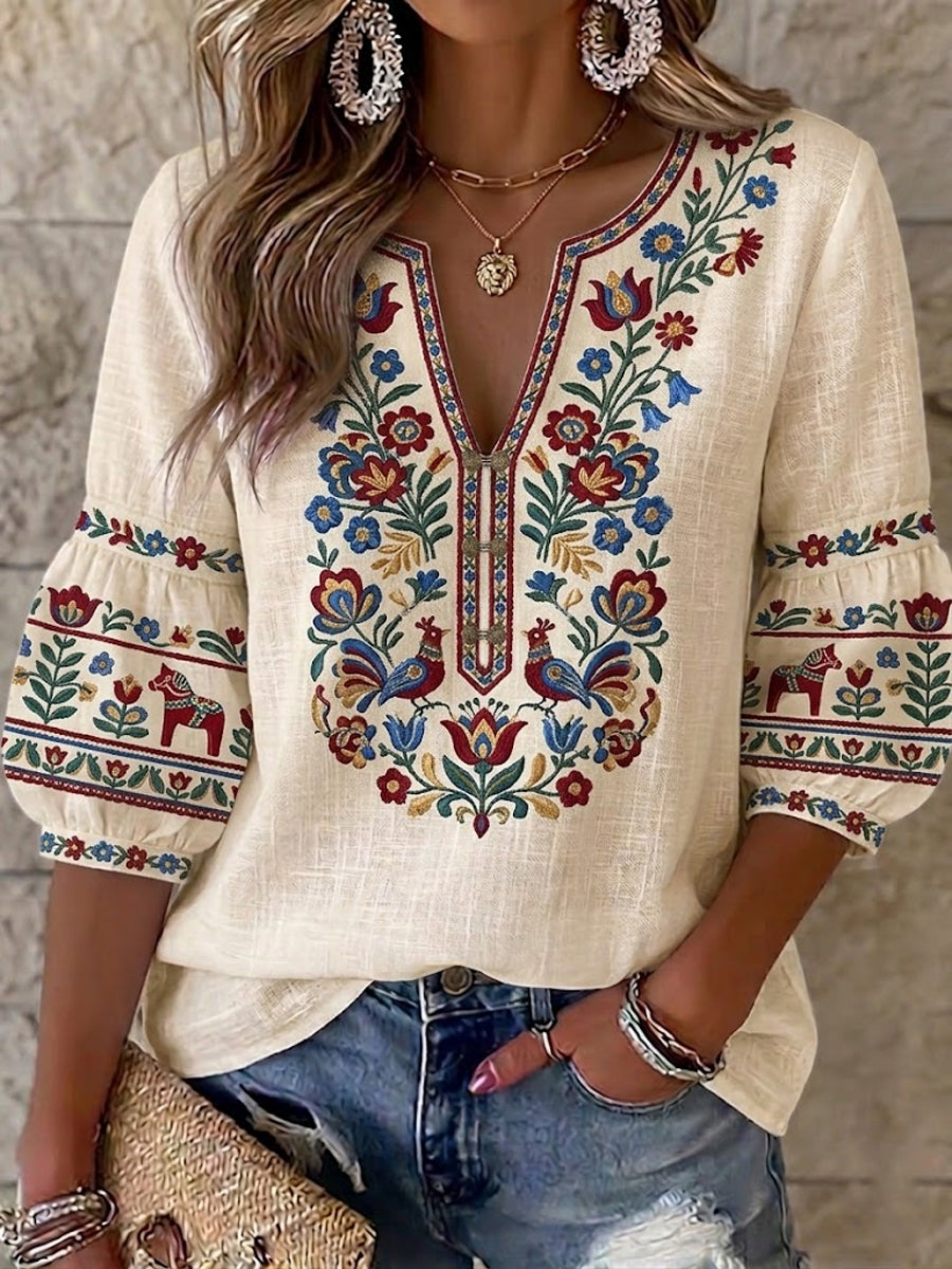 Dámské retro švédské midsummer folk květinové bavlněnélinné blúzky