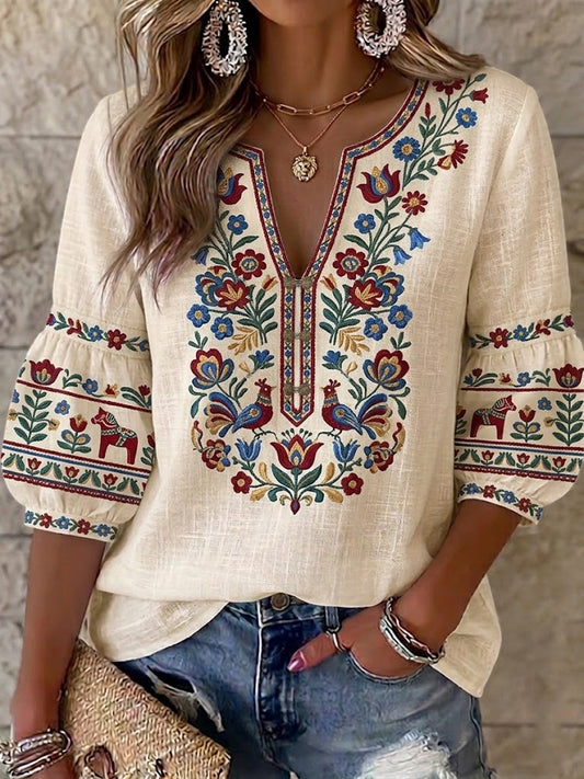 Dámské retro švédské midsummer folk květinové bavlněnélinné blúzky