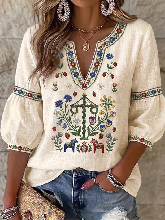 Dámské švédské letní umělecké květinové tisk neformální vneck tshirt