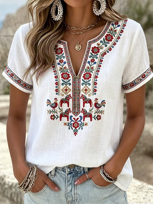 Dámské vintagestyl švédské symetrické kvetinové vneck tshirt