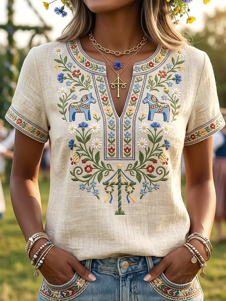 Dámské retro švédské midsummer floral casual vneck tshirt