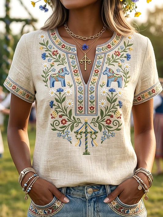 Dámské retro švédské midsummer floral casual vneck tshirt